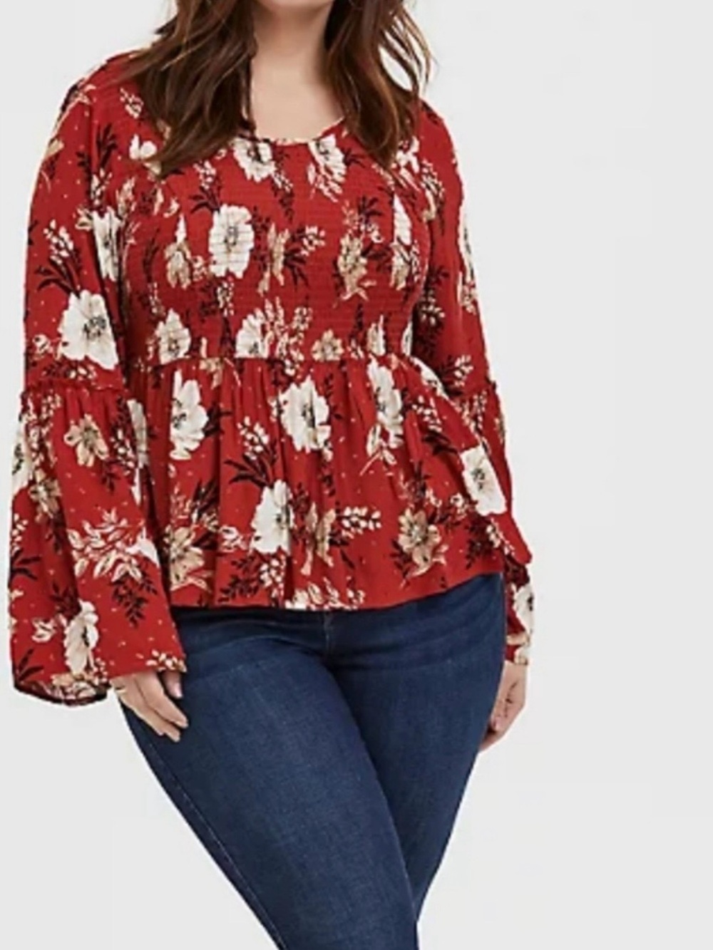 Torrid Red Terracotta Floral Crinkled Babydoll Blouse